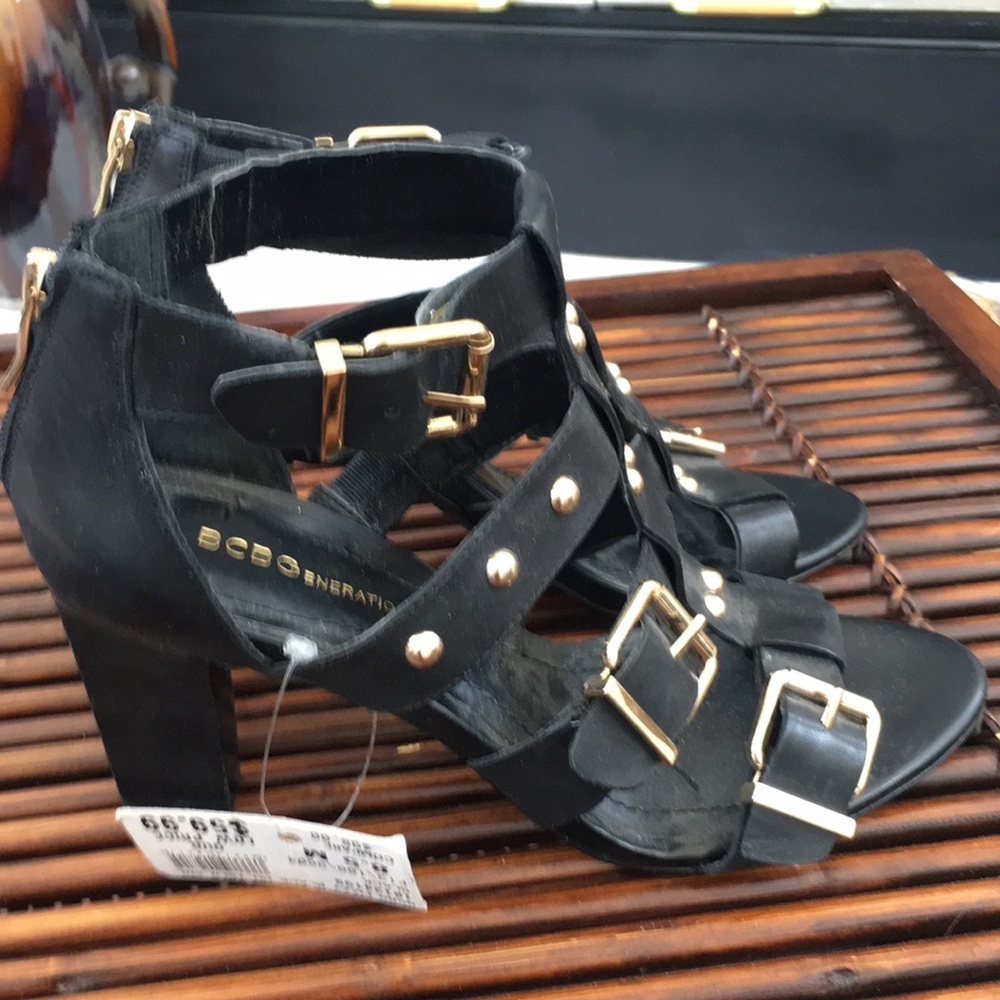 BCBGEneration black 3.75” heeled sandals. Never worn zipper back. 8.5